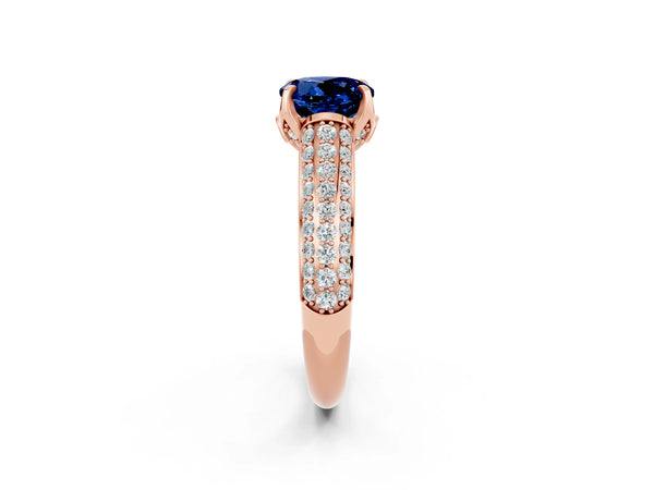 Rose gold Round Cut Blue Sapphire Solitaire Ring with Three-Row Pavé Band and Four-Prong Setting