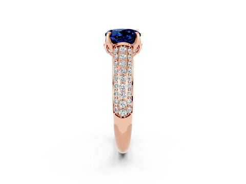 Rose gold Round Cut Blue Sapphire Solitaire Ring with Three-Row Pavé Band and Four-Prong Setting_14