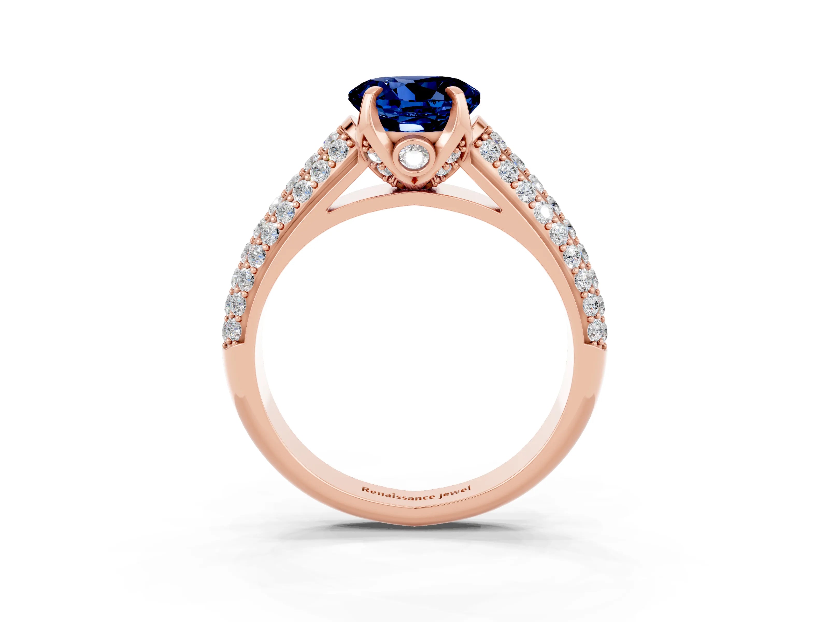 Rose gold Round Cut Blue Sapphire Solitaire Ring with Three-Row Pavé Band and Four-Prong Setting_15
