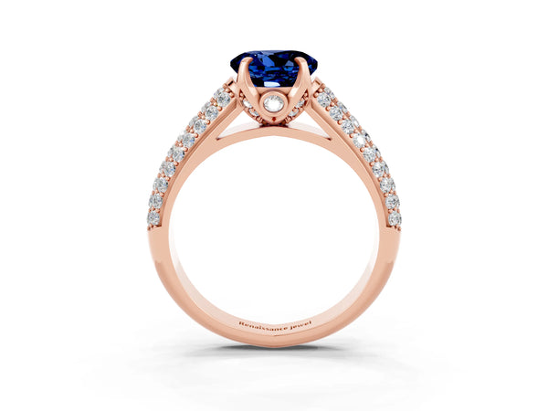 Rose gold Round Cut Blue Sapphire Solitaire Ring with Three-Row Pavé Band and Four-Prong Setting