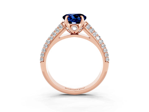 Rose gold Round Cut Blue Sapphire Solitaire Ring with Three-Row Pavé Band and Four-Prong Setting_15