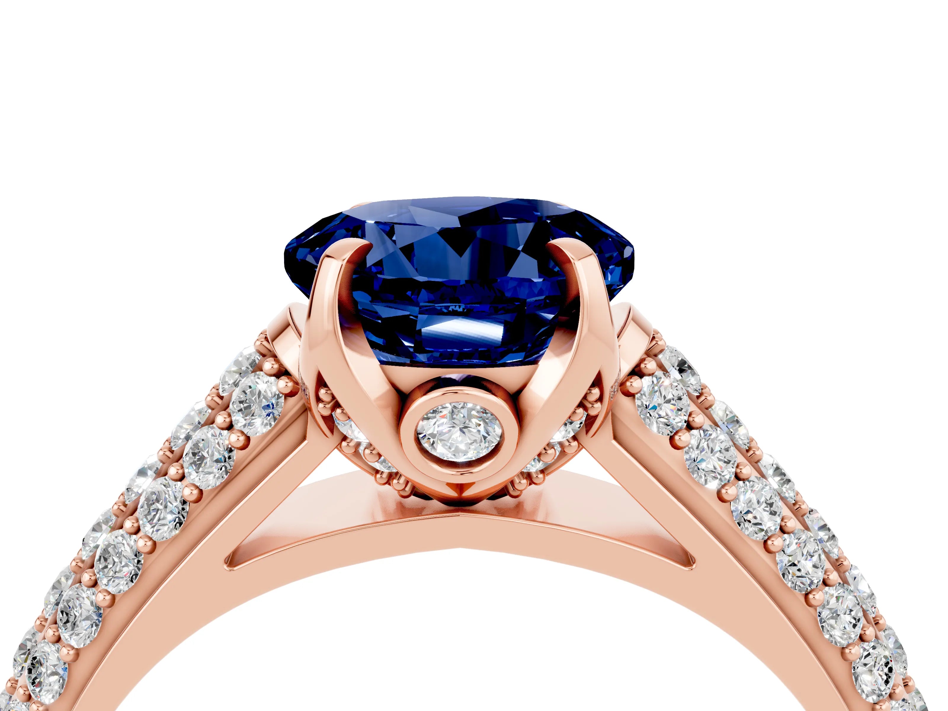 Rose gold Round Cut Blue Sapphire Solitaire Ring with Three-Row Pavé Band and Four-Prong Setting_16