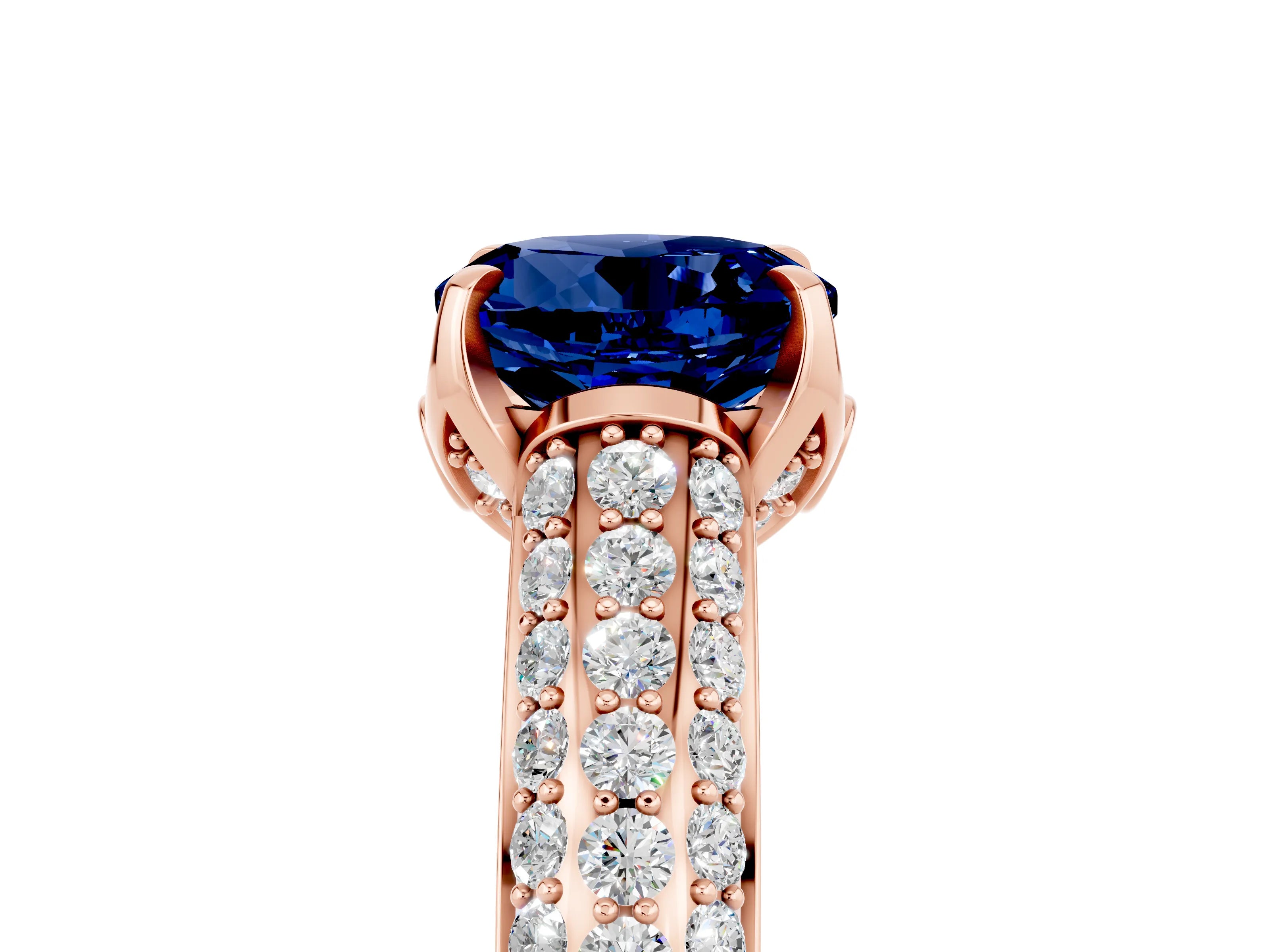 Rose gold Round Cut Blue Sapphire Solitaire Ring with Three-Row Pavé Band and Four-Prong Setting_17