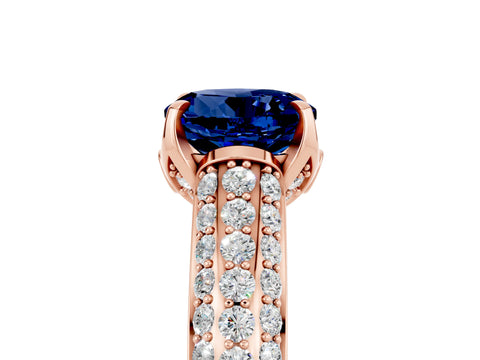 Rose gold Round Cut Blue Sapphire Solitaire Ring with Three-Row Pavé Band and Four-Prong Setting_17