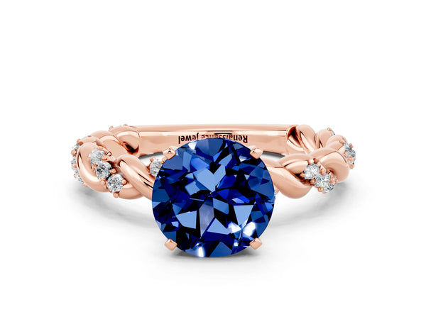 Rose gold Round Cut Blue Sapphire Solitaire Ring with Twisted Band and Pavé Accents