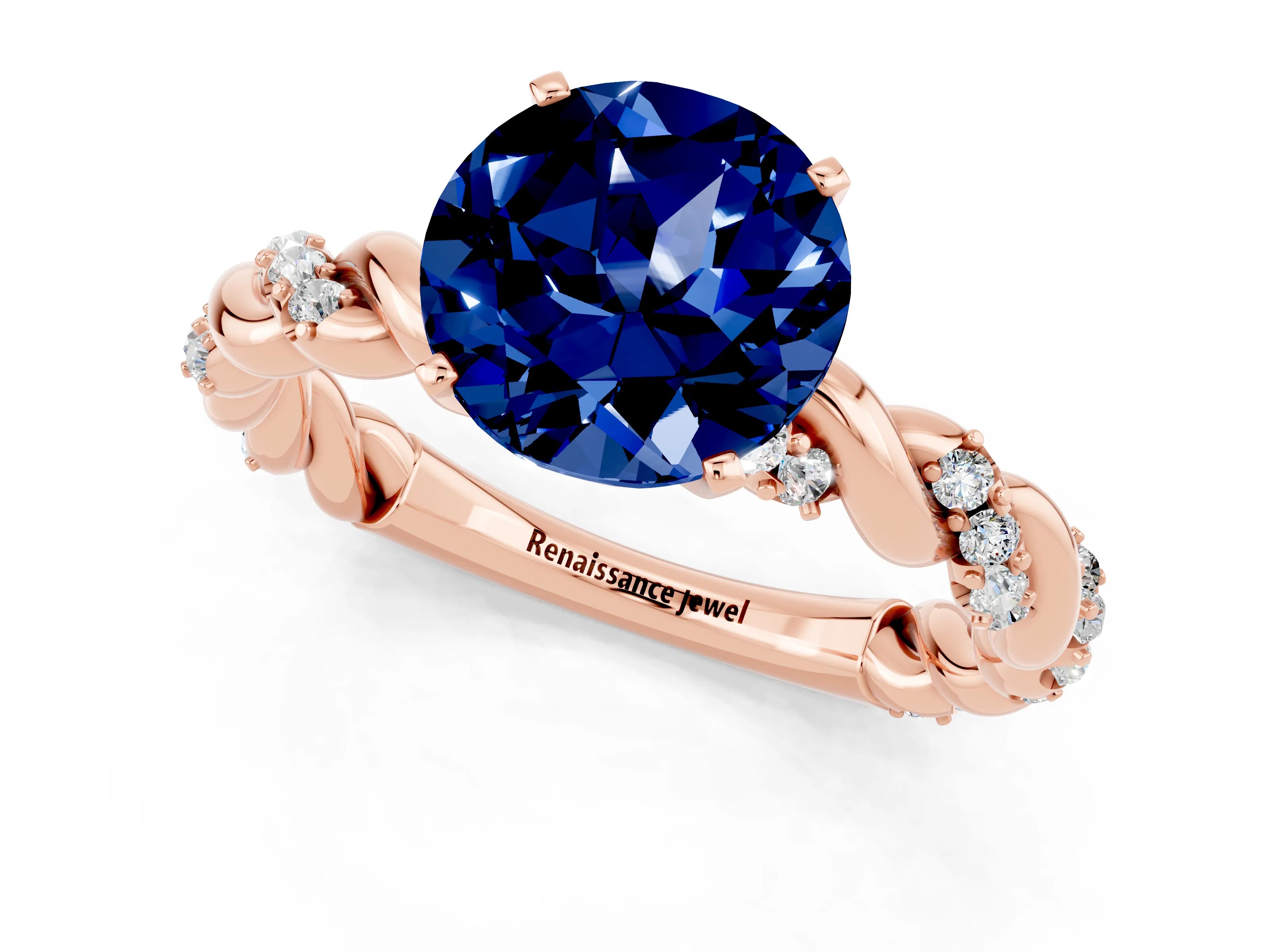 Rose gold Round Cut Blue Sapphire Solitaire Ring with Twisted Band and Pavé Accents_1
