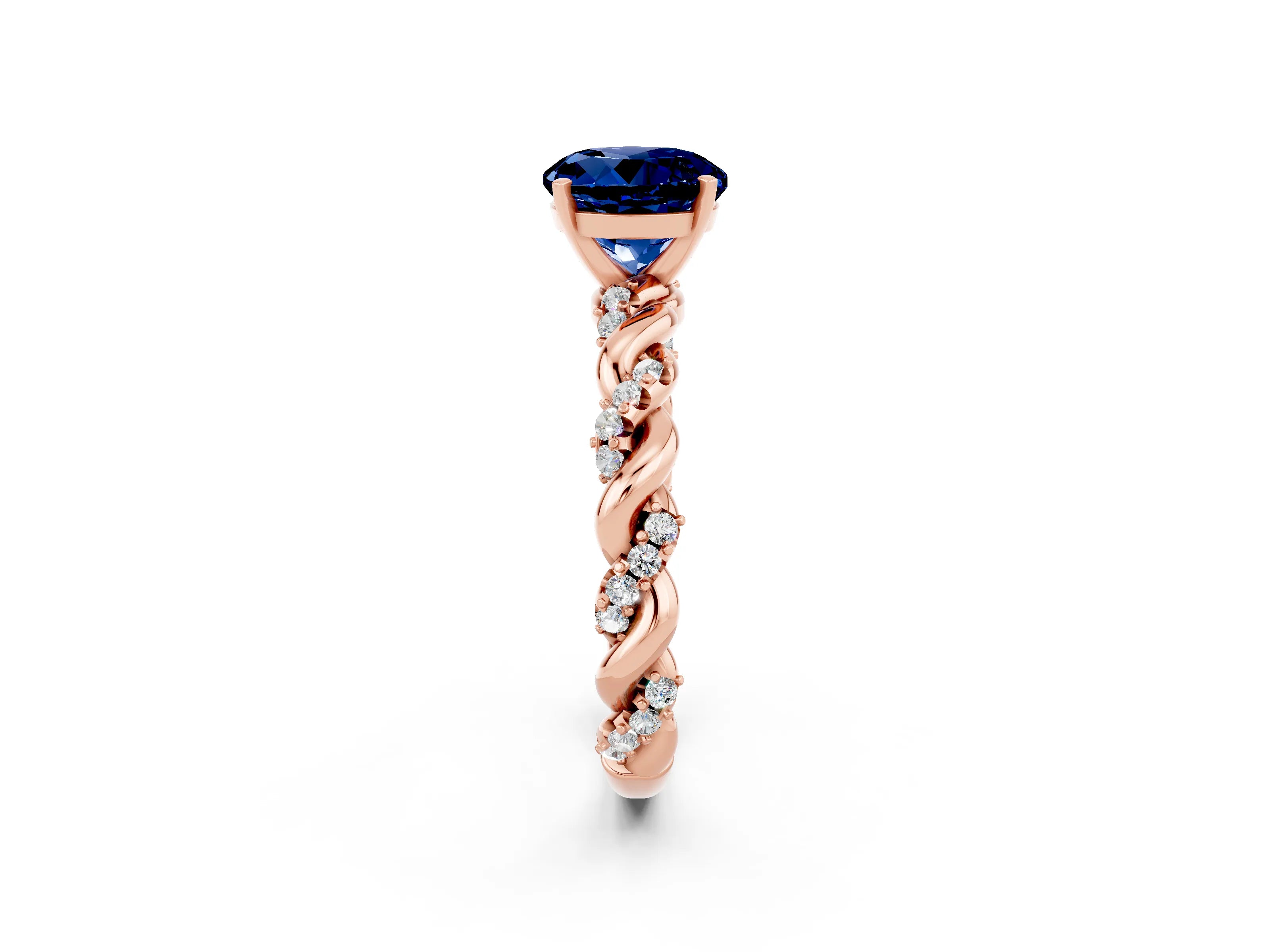 Rose gold Round Cut Blue Sapphire Solitaire Ring with Twisted Band and Pavé Accents_2
