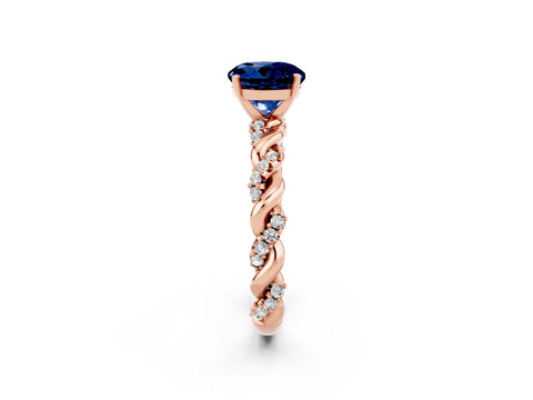 Rose gold Round Cut Blue Sapphire Solitaire Ring with Twisted Band and Pavé Accents_2