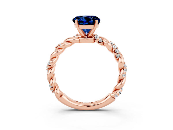 Rose gold Round Cut Blue Sapphire Solitaire Ring with Twisted Band and Pavé Accents