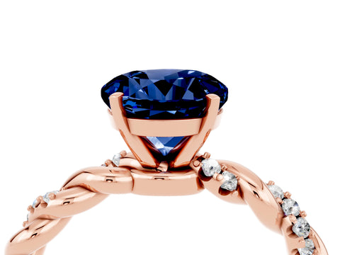 Rose gold Round Cut Blue Sapphire Solitaire Ring with Twisted Band and Pavé Accents_4