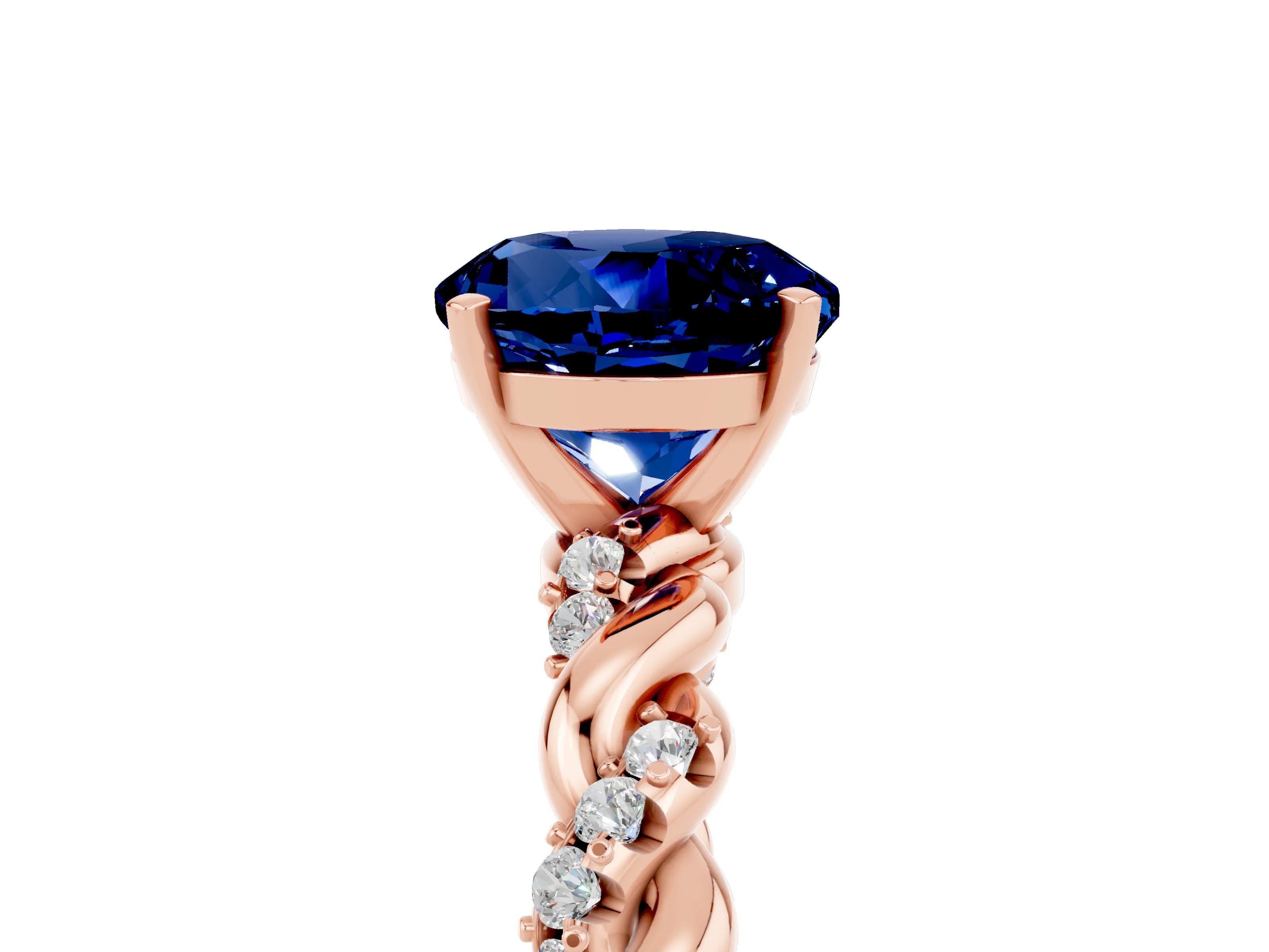 Rose gold Round Cut Blue Sapphire Solitaire Ring with Twisted Band and Pavé Accents_5