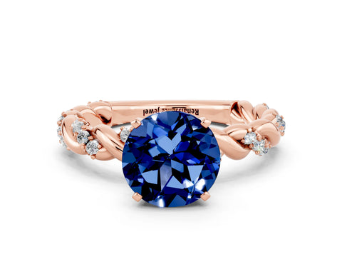 Rose gold Round Cut Blue Sapphire Solitaire Ring with Twisted Band and Pavé Accents