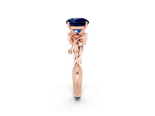 Rose gold Round Cut Blue Sapphire Solitaire Ring with Twisted Band and Prong Setting