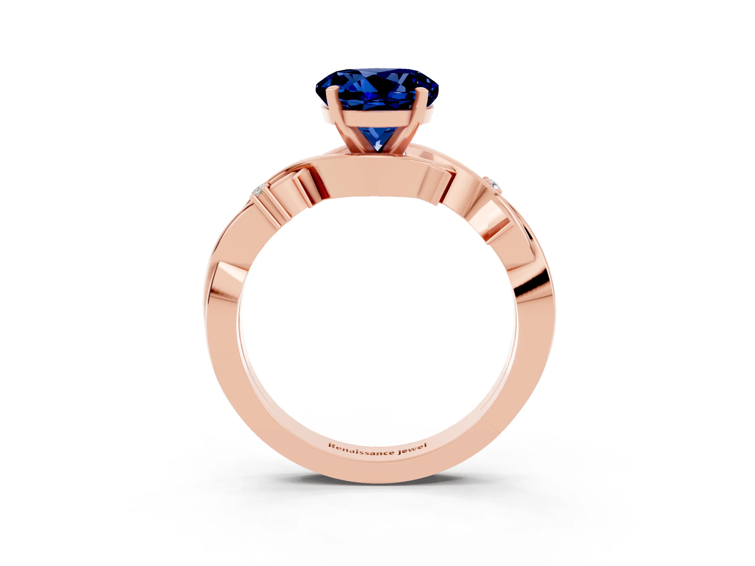 Rose gold Round Cut Blue Sapphire Solitaire Ring with Twisted Band and Prong Setting_3