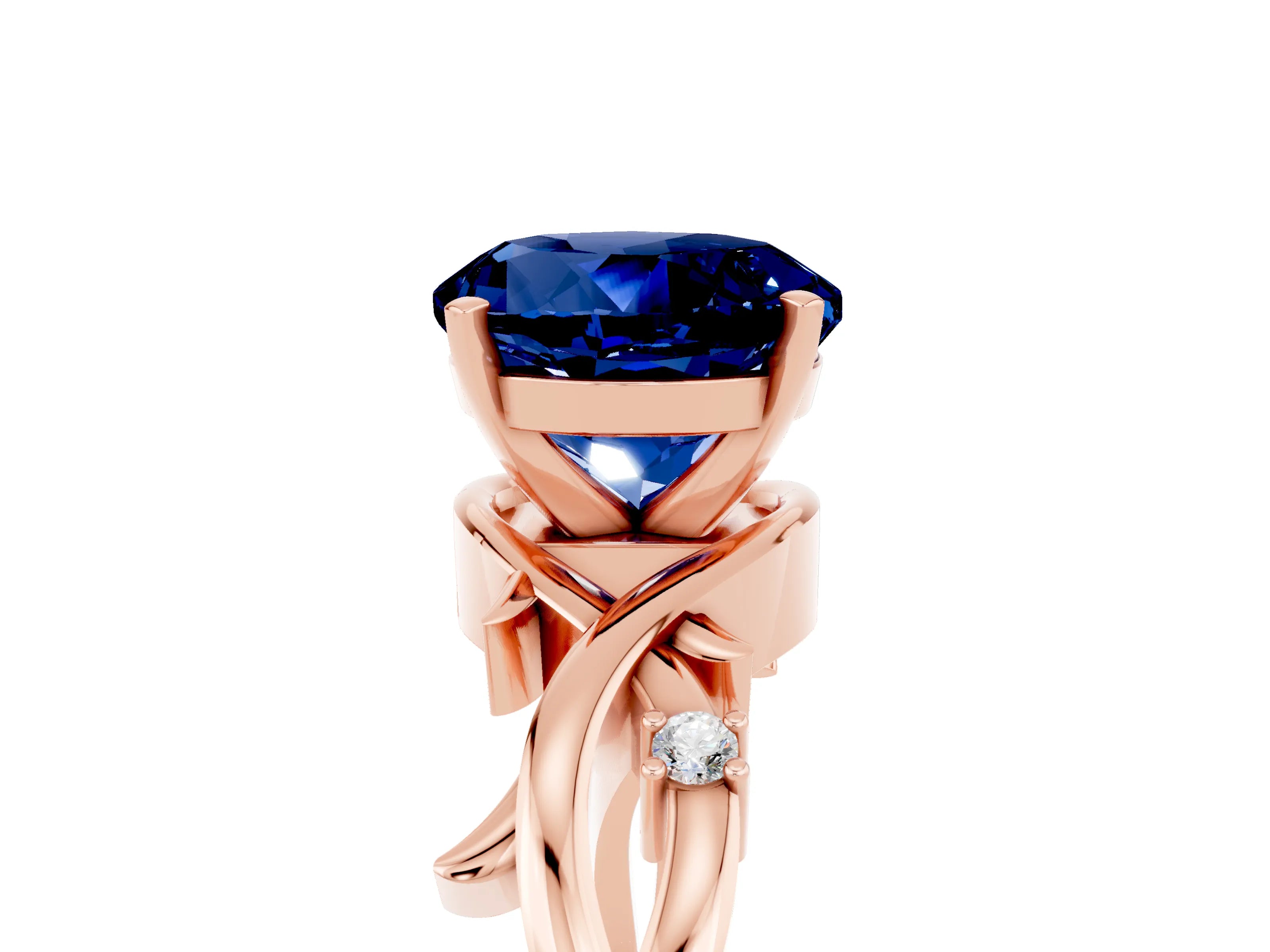 Rose gold Round Cut Blue Sapphire Solitaire Ring with Twisted Band and Prong Setting_5