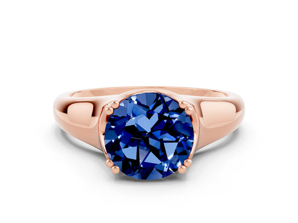 Rose gold Round Cut Blue Sapphire Solitaire Ring with Wide Band and Prong Setting