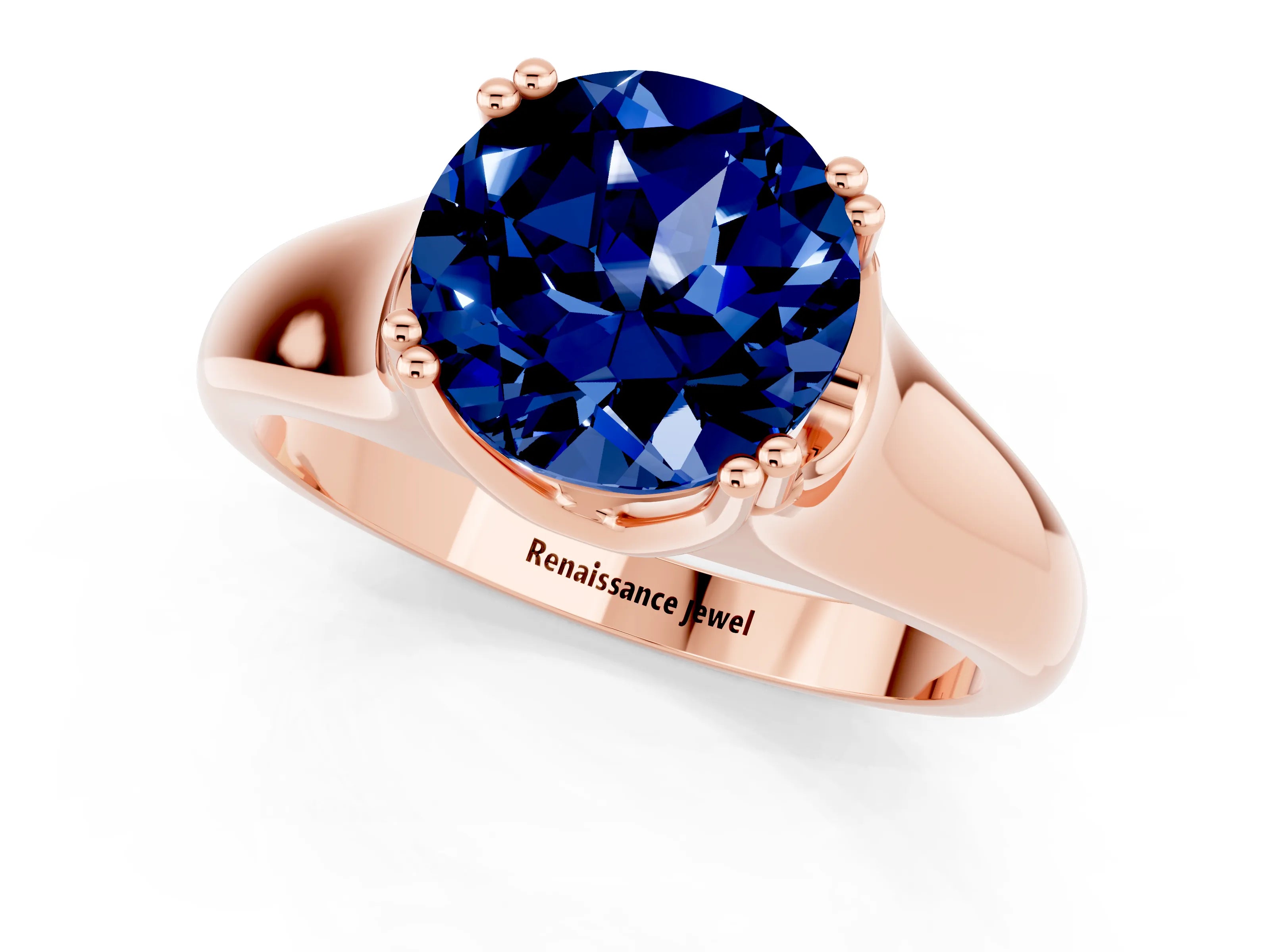 Rose gold Round Cut Blue Sapphire Solitaire Ring with Wide Band and Prong Setting_1