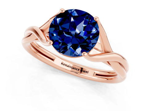 Rose gold Round Cut Blue Sapphire Solitaire Twist Band Prong Setting Ring_59
