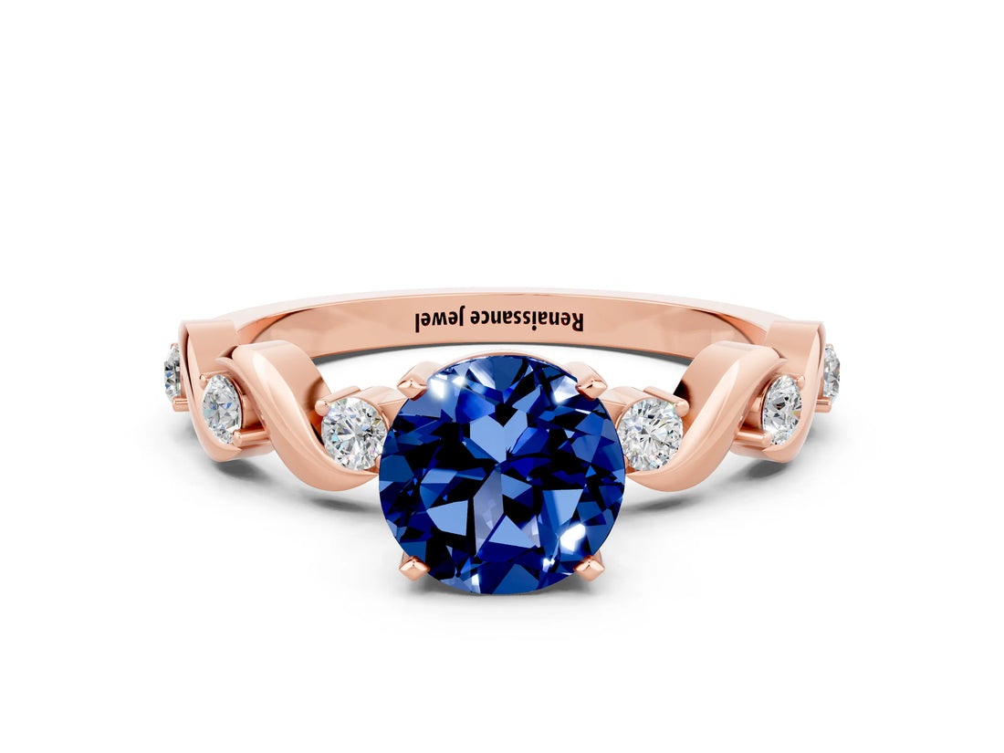 Rose gold Round Cut Blue Sapphire Solitaire Twisted Band with Round  Accents and Prong Setting_12