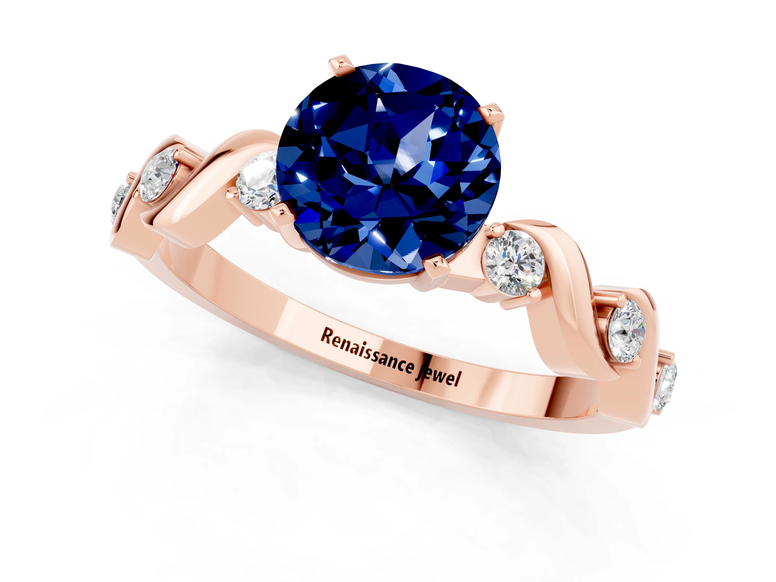 Rose gold Round Cut Blue Sapphire Solitaire Twisted Band with Round  Accents and Prong Setting_13