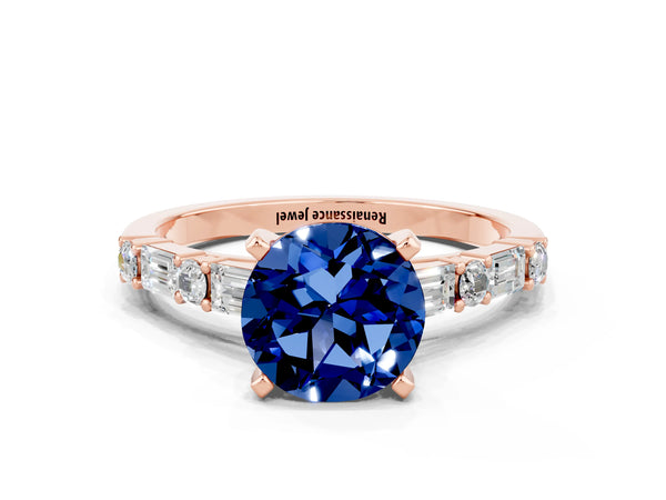 Rose gold Round Cut Blue Sapphire Solitaire with Side Baguettes and Channel Set Band