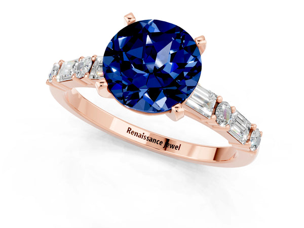 Rose gold Round Cut Blue Sapphire Solitaire with Side Baguettes and Channel Set Band