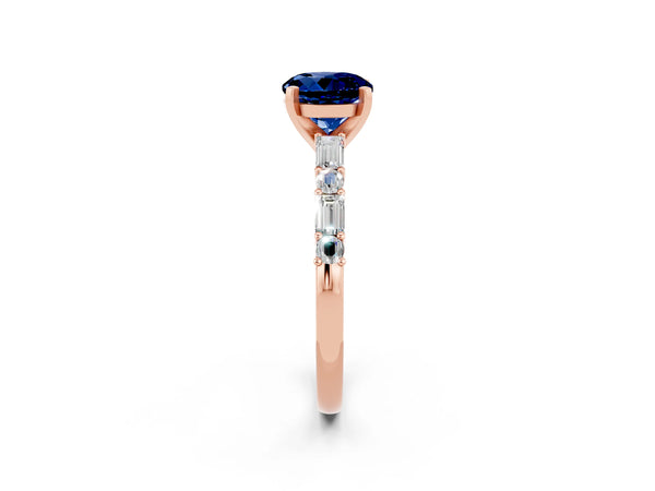 Rose gold Round Cut Blue Sapphire Solitaire with Side Baguettes and Channel Set Band