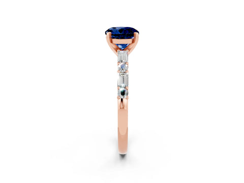 Rose gold Round Cut Blue Sapphire Solitaire with Side Baguettes and Channel Set Band_2