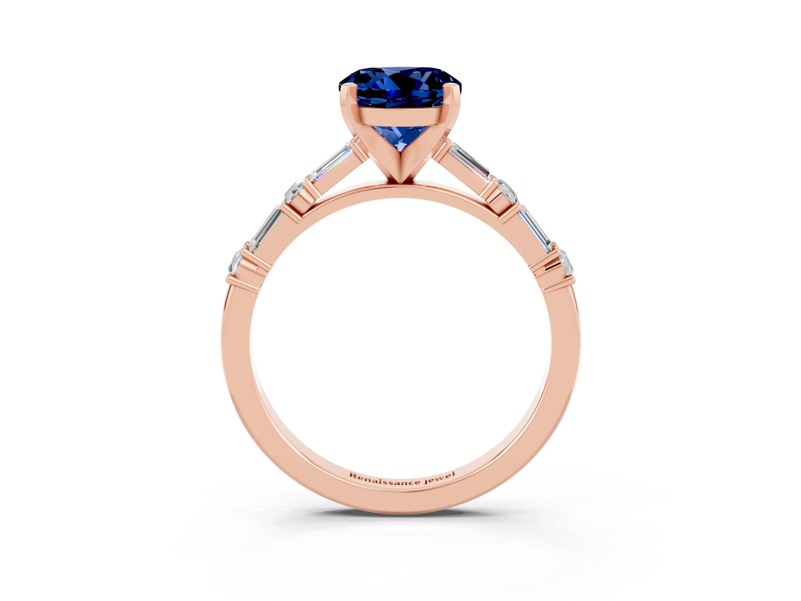 Rose gold Round Cut Blue Sapphire Solitaire with Side Baguettes and Channel Set Band_3