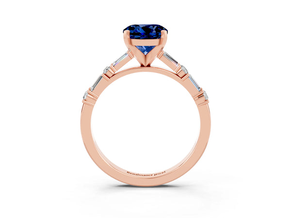 Rose gold Round Cut Blue Sapphire Solitaire with Side Baguettes and Channel Set Band