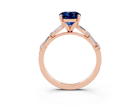 Rose gold Round Cut Blue Sapphire Solitaire with Side Baguettes and Channel Set Band_3