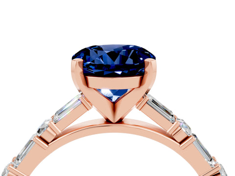 Rose gold Round Cut Blue Sapphire Solitaire with Side Baguettes and Channel Set Band_4