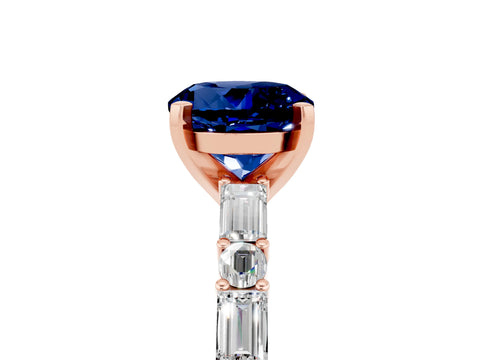Rose gold Round Cut Blue Sapphire Solitaire with Side Baguettes and Channel Set Band_5