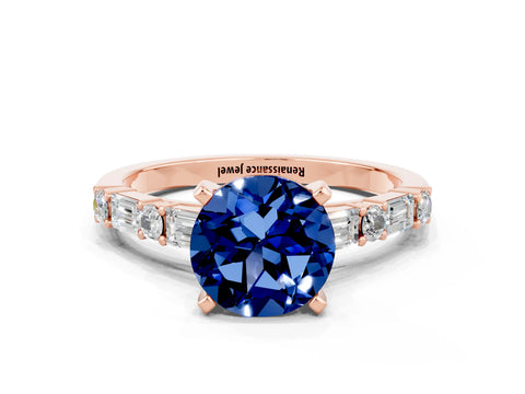 Rose gold Round Cut Blue Sapphire Solitaire with Side Baguettes and Channel Set Band