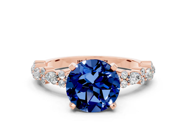 Rose gold Round Cut Blue Sapphire Side Stone Solitaire Ring with Round  and Four-Prong Setting