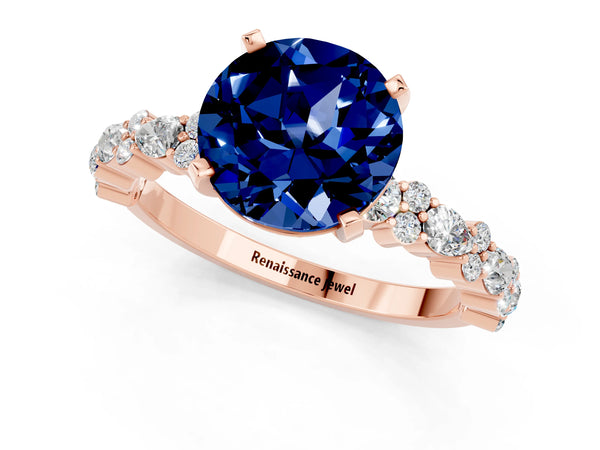 Rose gold Round Cut Blue Sapphire Side Stone Solitaire Ring with Round  and Four-Prong Setting