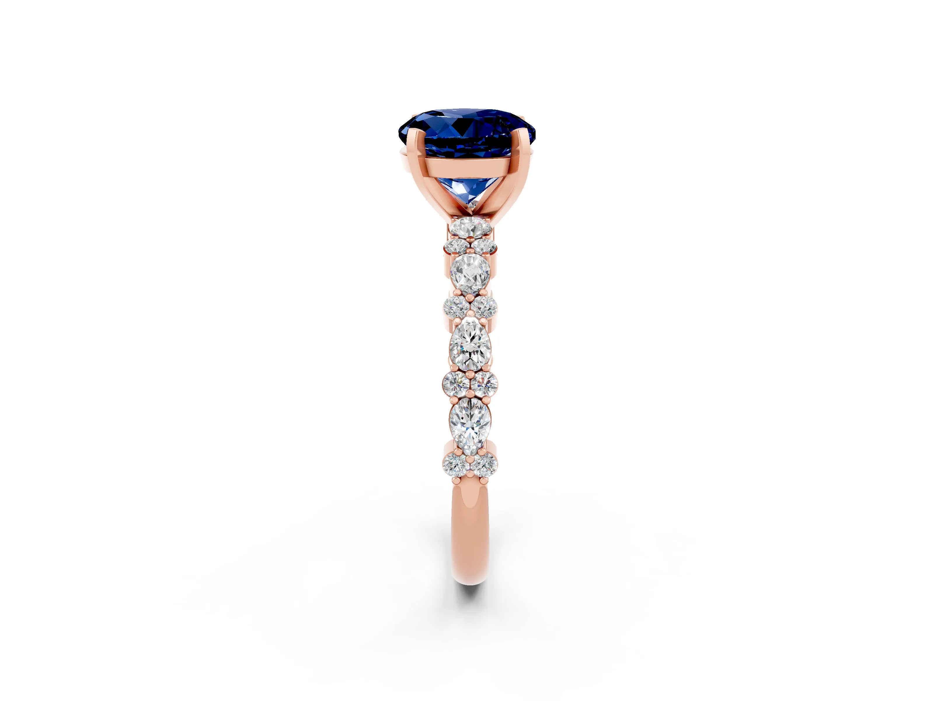 Rose gold Round Cut Blue Sapphire Solitaire with Side Stones, Pave Band, Four-Prong Setting_38