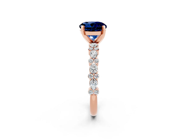 Rose gold Round Cut Blue Sapphire Side Stone Solitaire Ring with Round  and Four-Prong Setting