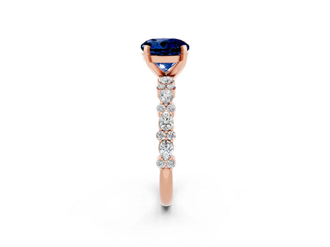 Rose gold Round Cut Blue Sapphire Solitaire with Side Stones, Pave Band, Four-Prong Setting_38