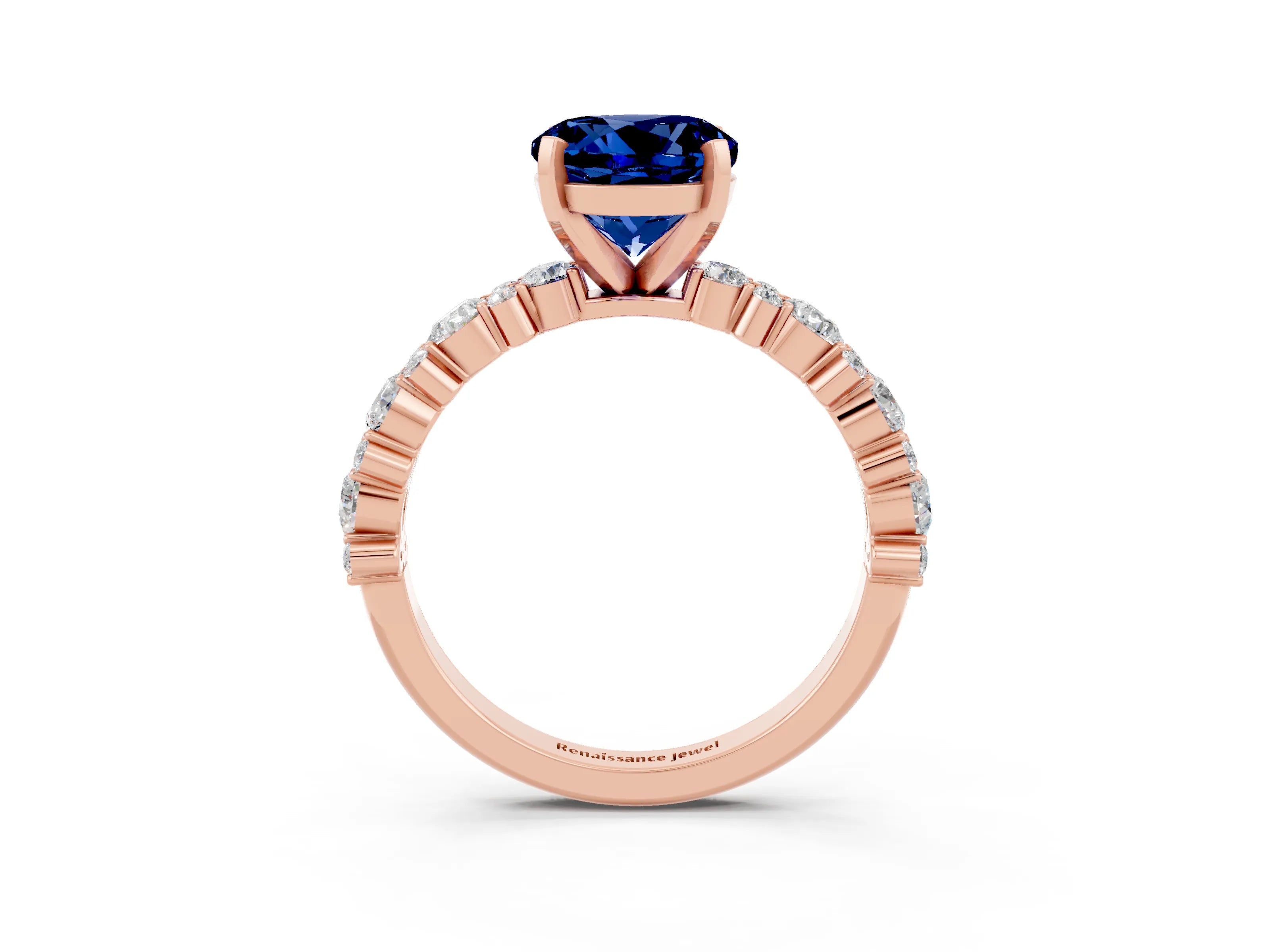 Rose gold Round Cut Blue Sapphire Solitaire with Side Stones, Pave Band, Four-Prong Setting_39