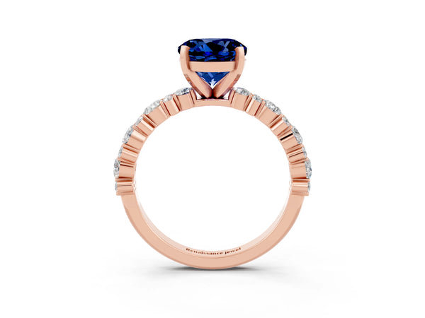 Rose gold Round Cut Blue Sapphire Side Stone Solitaire Ring with Round  and Four-Prong Setting