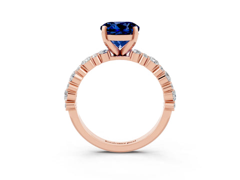 Rose gold Round Cut Blue Sapphire Solitaire with Side Stones, Pave Band, Four-Prong Setting_39