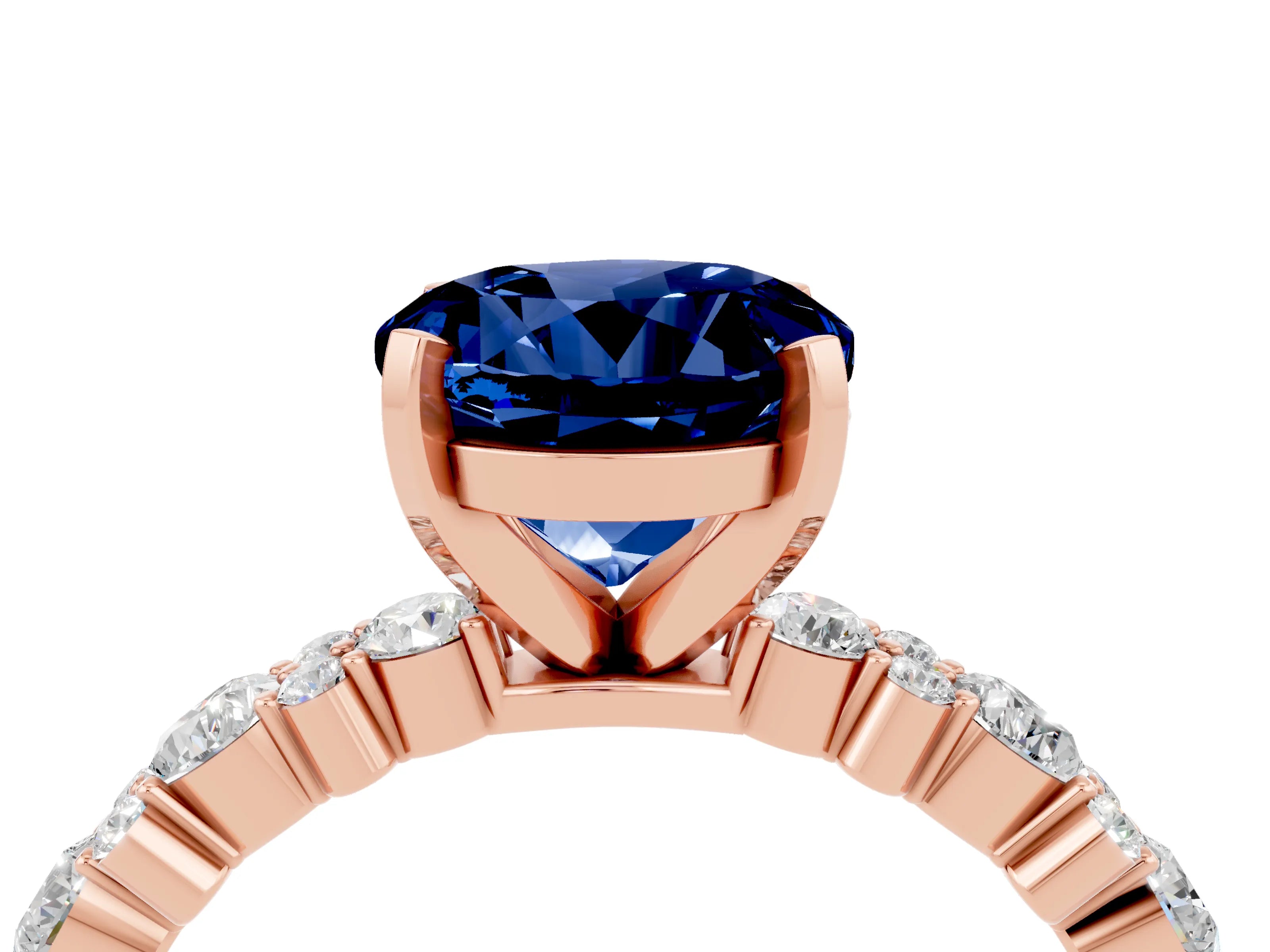 Rose gold Round Cut Blue Sapphire Solitaire with Side Stones, Pave Band, Four-Prong Setting_40