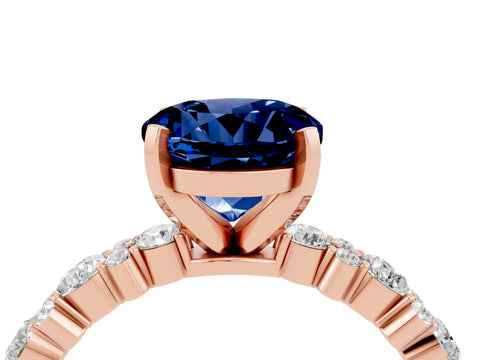 Rose gold Round Cut Blue Sapphire Solitaire with Side Stones, Pave Band, Four-Prong Setting_40