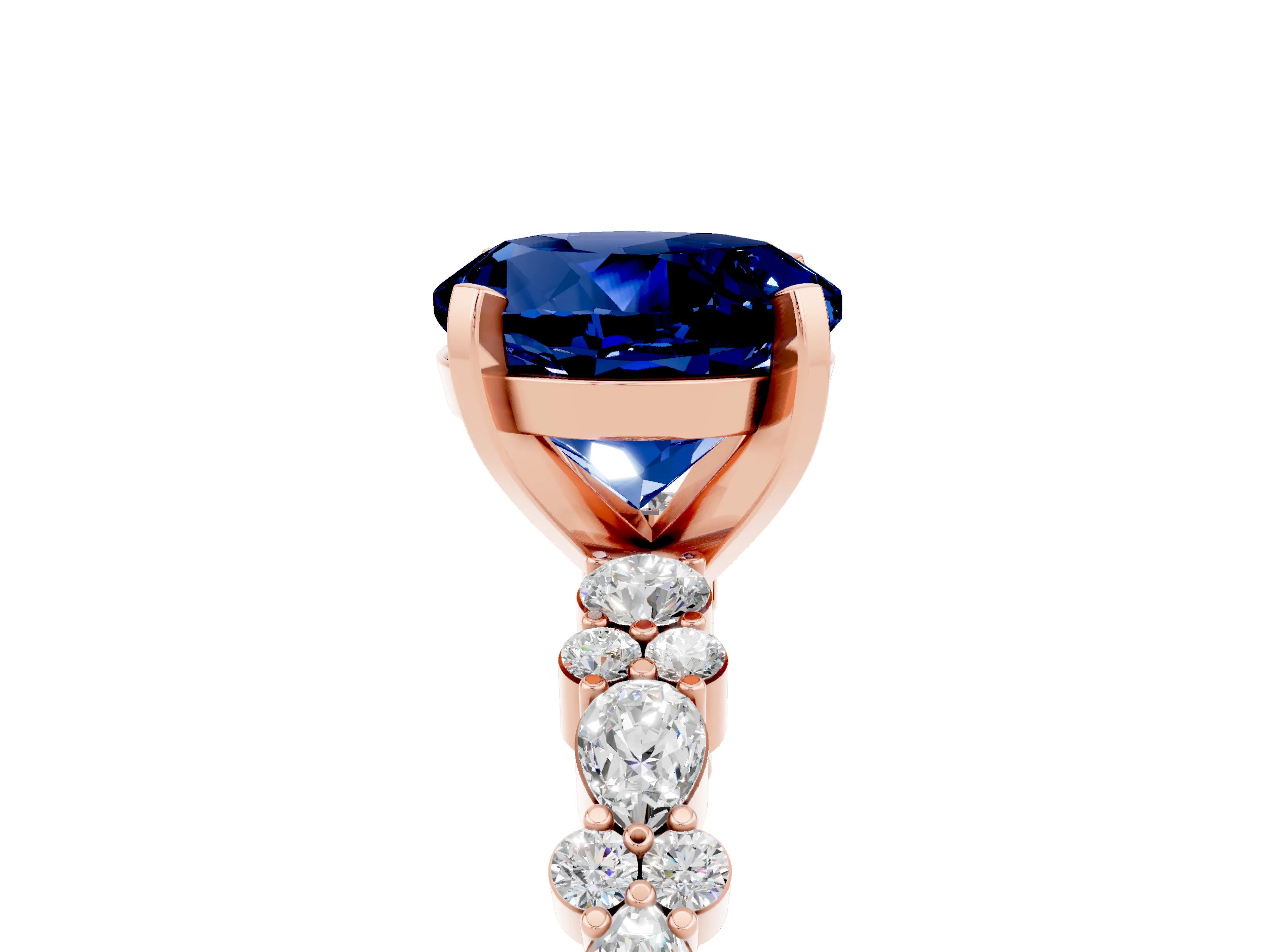 Rose gold Round Cut Blue Sapphire Solitaire with Side Stones, Pave Band, Four-Prong Setting_41