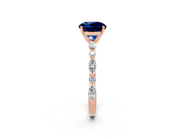 Rose gold Round Cut Blue Sapphire Ring with Marquise and Round  Side Stones and Four-Prong Setting