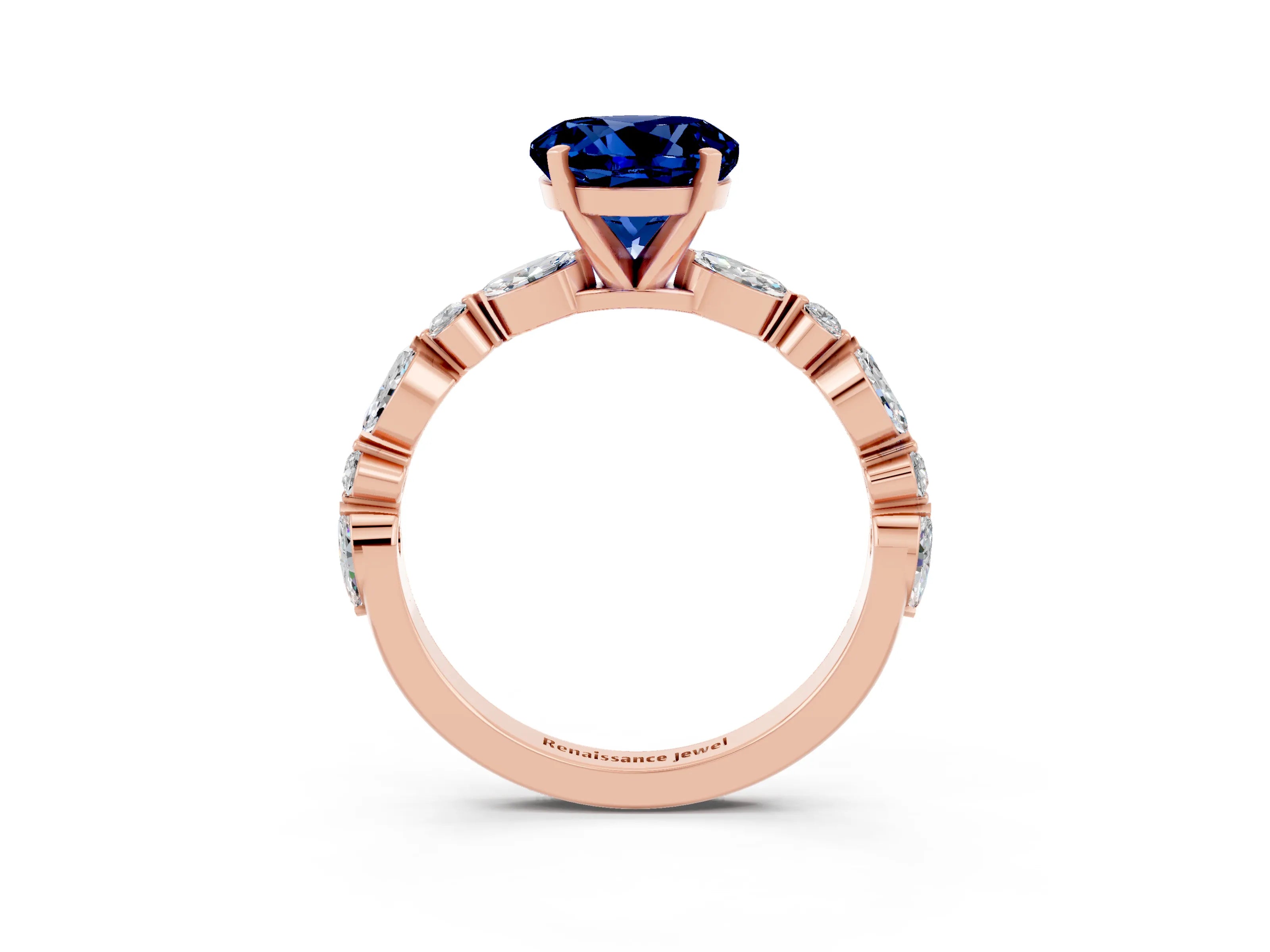 Rose gold Round Cut Blue Sapphire Solitaire with Side Stones on a Pavé Band and Four-Prong Setting_3