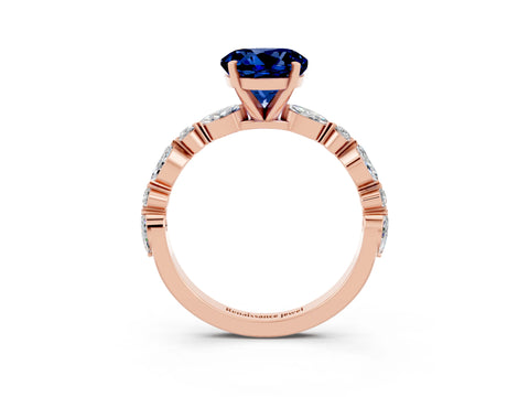 Rose gold Round Cut Blue Sapphire Solitaire with Side Stones on a Pavé Band and Four-Prong Setting_3