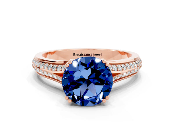 Rose gold Round Cut Blue Sapphire Split Shank Engagement Ring with Pavé Band