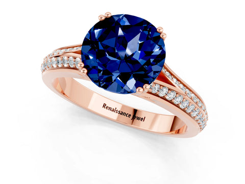 Rose gold Round Cut Blue Sapphire Split Shank Engagement Ring with Pavé Band_1